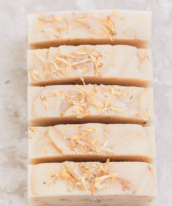 Amber lemongrass soap from the top showing calendula petals