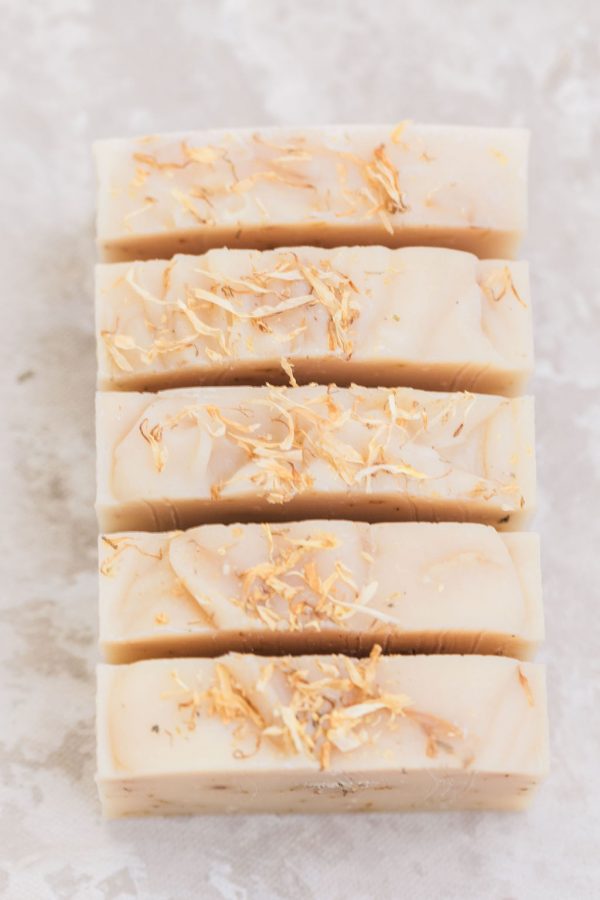 Amber lemongrass soap from the top showing calendula petals