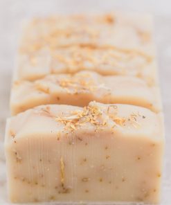 5 bars of handmade organic amber lemongrass soap with essential oils of lemongrass, clary sage and a blend of amber colored with calendula petals