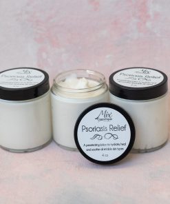 Close-up of Psoriasis Relief Lotion bottle with natural ingredients like Aloe Vera and essential oils.