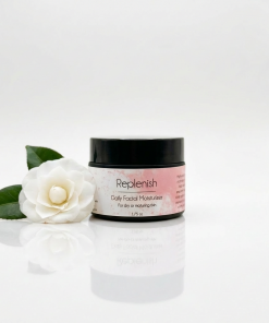 Replenish hydrating anti-aging facial moisturizer in luxury glass bottle