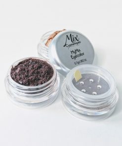 custom eyeshadow in three containers with a copper eyehadow a duo chrome eyeshadow with purple undertones and a neutral eyeshadow on white background