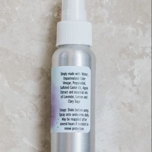 ingredient list for all natural freshening spray deodorant in recyclable bottle
