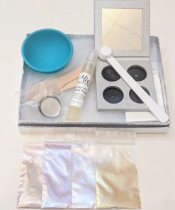 create your own eyeshadow kit with four color palette in a gift box including a base powder, four custom pigments, a pressing medium and all the tools necessary to create a custom pressed mineral makeup palette