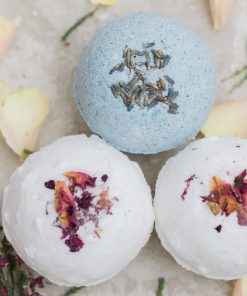 Rich results on Google's SERP when searching for "organic bath bombs" 3 bath bombs with natural ingredients of lavender, vanilla, bergamot, rose, rose petals, geranium and relaxing scents, white bath bomb and floral bath bomb with indigo