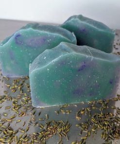 Green and purple handmade soap with lavender and tea tree, lavender buds three bars of soap
