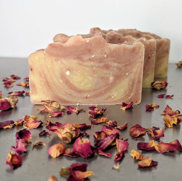 three bars of amber rose handmade organic soap swirled with pink clay and white clay handmade with organic essential oils and skin softening vegetable butters