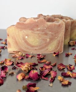 three bars of amber rose handmade organic soap swirled with pink clay and white clay handmade with organic essential oils and skin softening vegetable butters