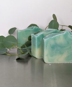 eucalyptus handmade organic soap three bars with eucalyptus leaves made by hand pale green and ivory swirled soap