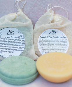 I'm a lil dryer shampoo bar for dry, curly or coarse hair sitting next to quench and coil conditioner bar a Natural shampoo bar and conditioner bar with ingredients for frizz reduction and curl bounce Plant-based conditioner bar and shampoo formula for coarse or dry curls