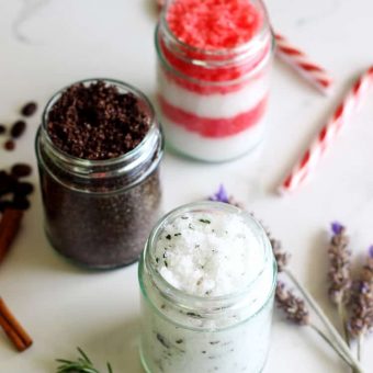 holiday themed sugar scrubs including deep brown chocolate, candy cane swirl, and lavender rosemary the finished product from a body polish workshop for a make and take holiday gift event