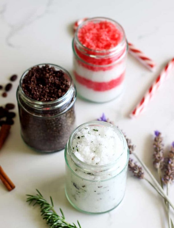 holiday themed sugar scrubs including deep brown chocolate, candy cane swirl, and lavender rosemary