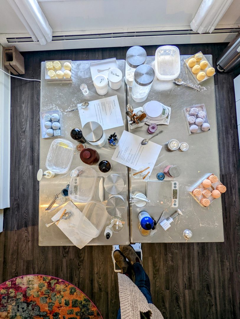 bath bomb birthday bachelorette party in our workshop where they made their own bath fizzies to take home with custom scents and colors and benefits for their preferences