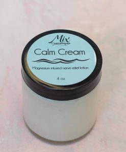 Calm Cream is a magnesium lotion in 4 oz glass jar alongside aloe and avocado — natural ingredients for hydration.