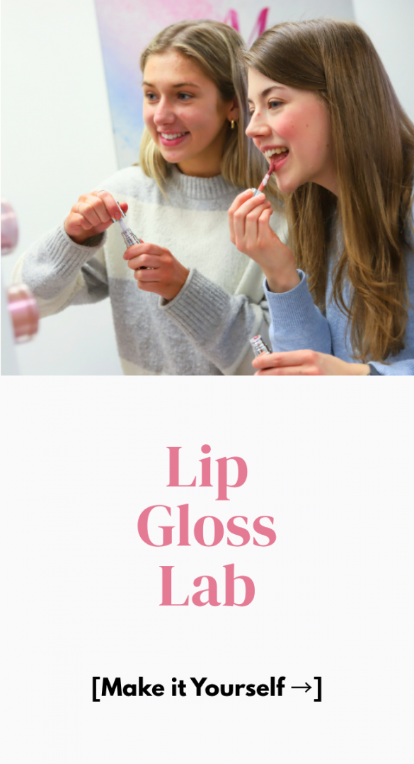 two friends making Custom lip gloss in Superior, WI or Duluth, MN showing one of the only studios in the country where you can make your own natural lip gloss, with all clean ingredients to encourage people to schedule a lip gloss workshop