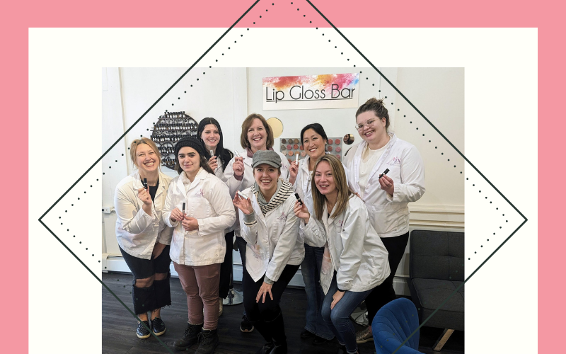 this is a banner of happy people after a custom cosmetic party holding their custom lipstick or custom lip gloss with clean plant based ingredients